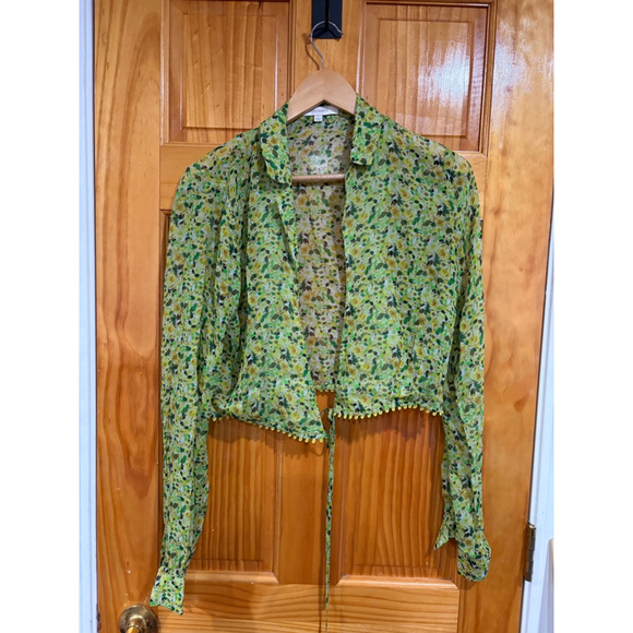 Favorite Daughter Tops - Favorite Daughter Sheer Floral Tie Front Blouse S Green Yellow Long Sleeve Top